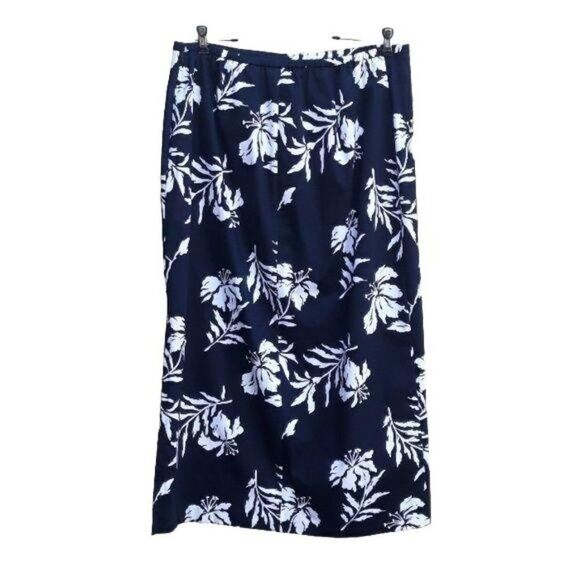 Vintage 80s Skirt Maxi Straight Long Side Slit Cotton Blend Black Leaf Print 14W - Picture 1 of 8